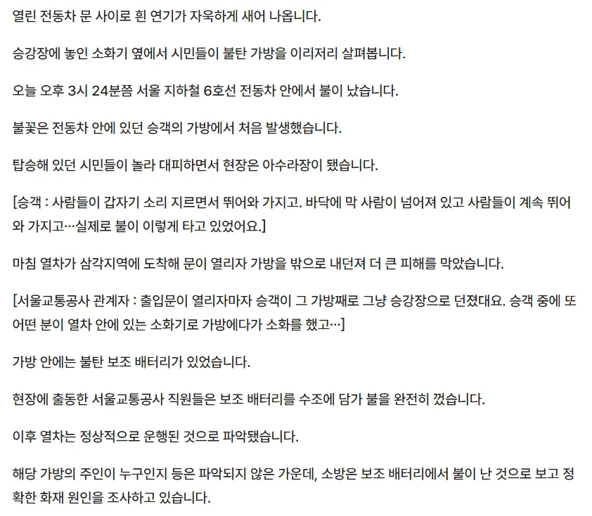 [단독] 6호선 승객 가방서 '불꽃'…안에는 불탄 '보조배터리'