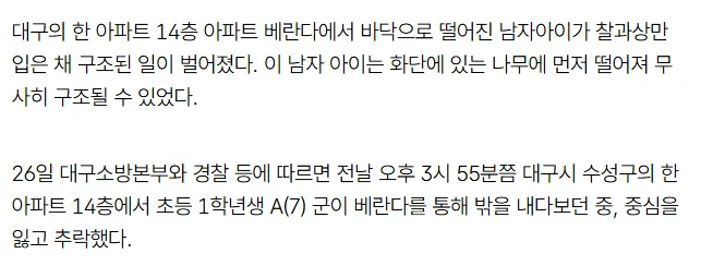 [속보] 14층 아파트서 떨어진 7세 아이 ‘찰과상’ 입고 구조…“나무에 먼저 떨어져”
