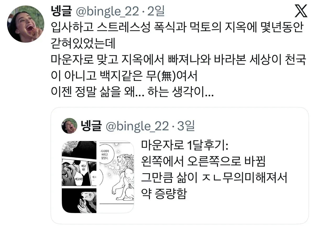 마운자로 한달후기: 왼쪽에서 오른쪽으로 바뀜.twt