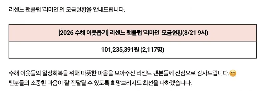 리센느 팬클럽 수해 이웃돕기 성금 1억원 돌파