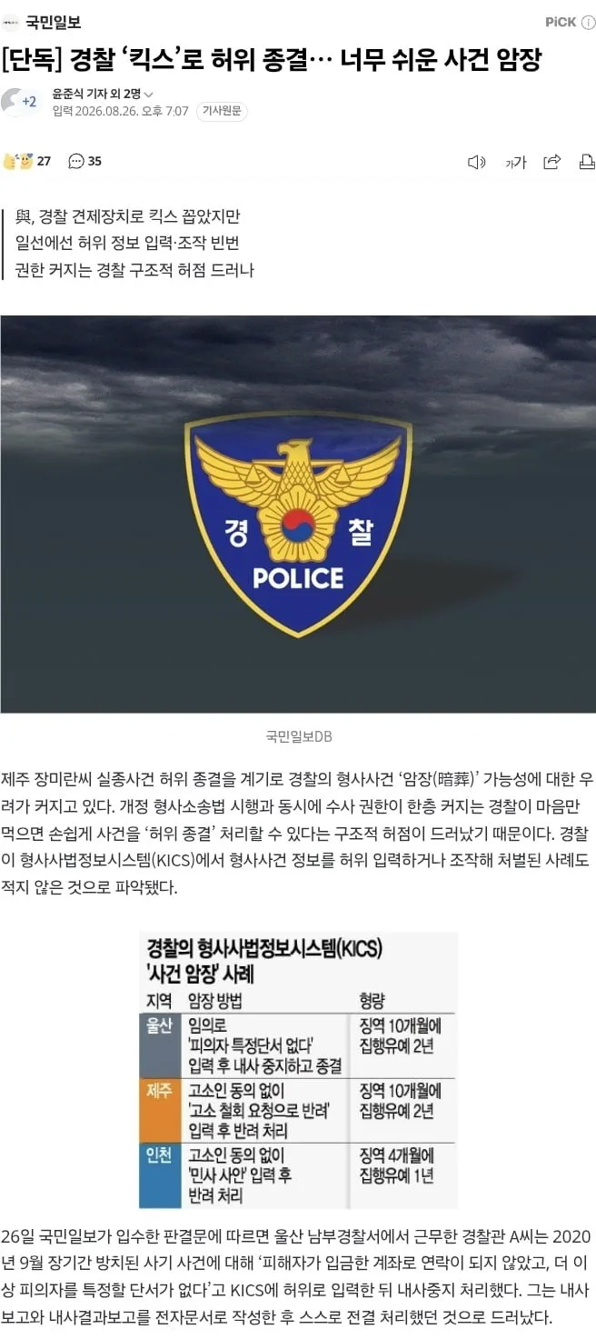 [단독] 경찰 ‘킥스’로 허위 종결… 너무 쉬운 사건 암장