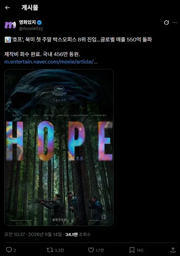 image.png ‘호프‘ 글로벌 매출 550억원으로 제작비 회수 완료