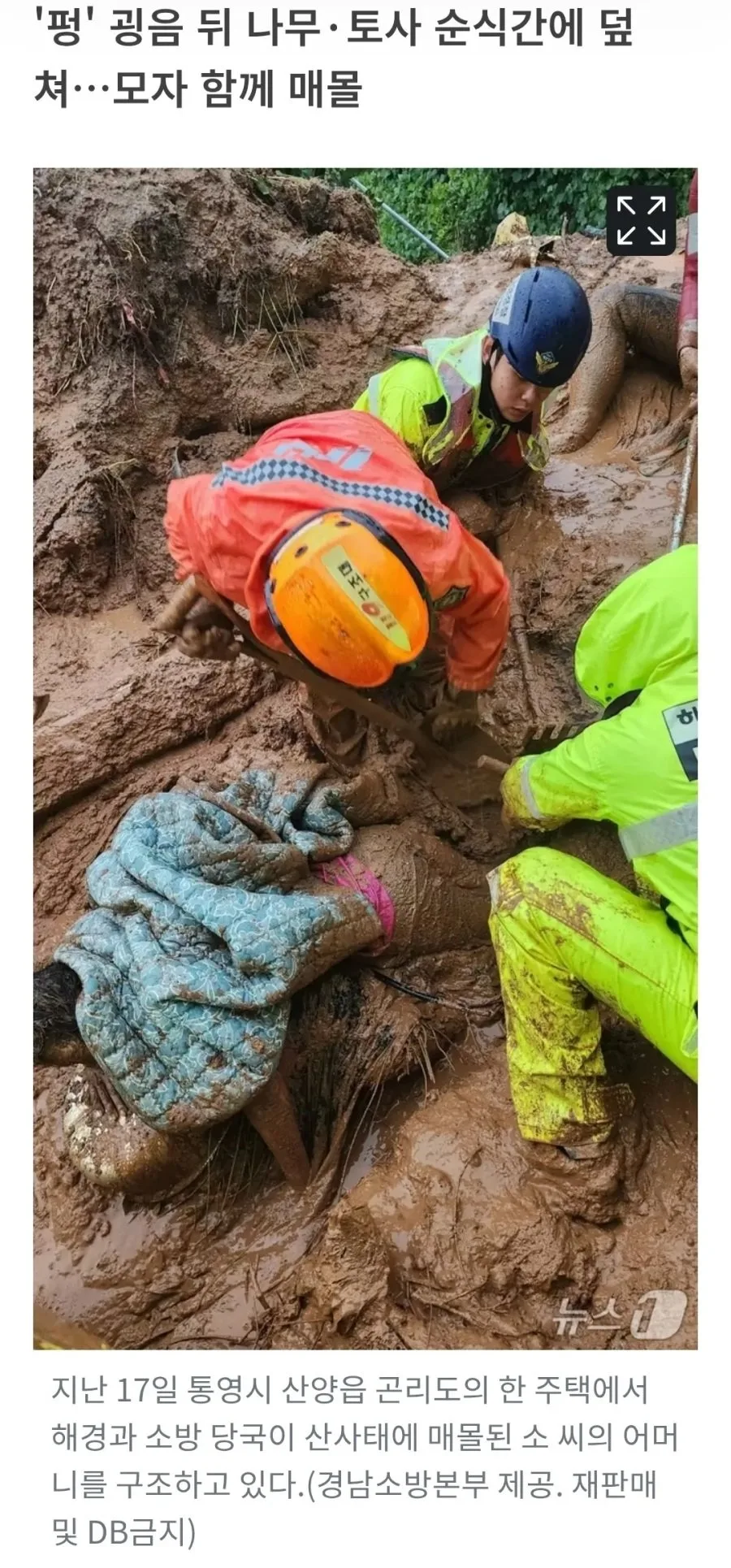 통영 산사태로 60대 어머니가 허리까지 토사에 묻혔는데 30대 아들이 맨손으로 3시간을 팠다고 함