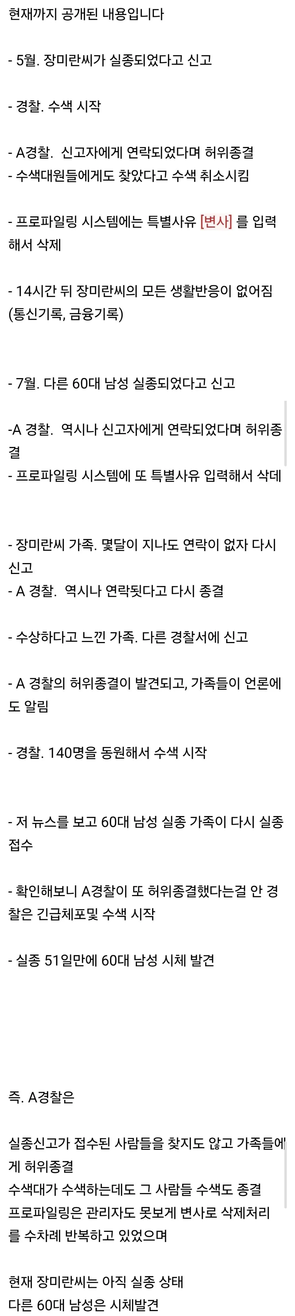 장미란씨 실종사건 타임라인