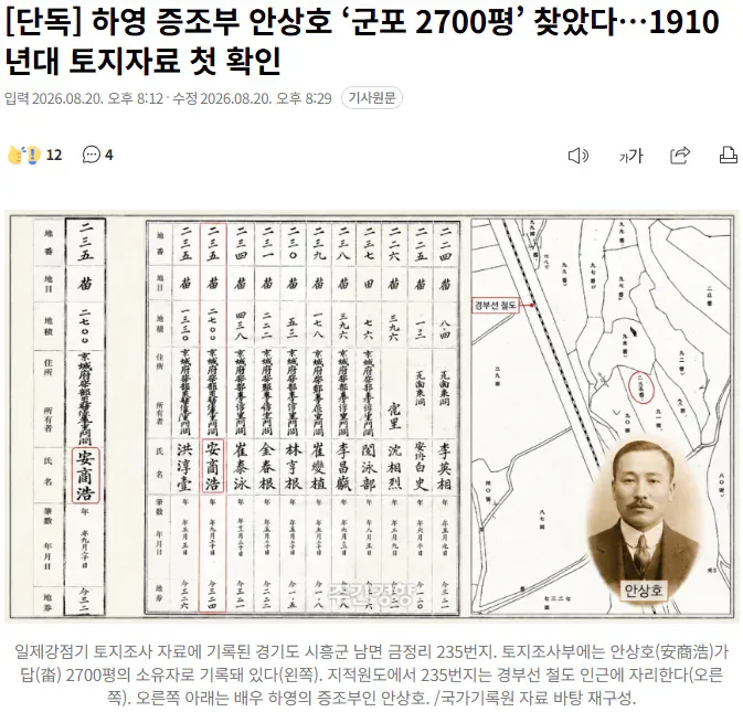 [단독] 하영 증조부 안상호 ‘군포 2700평’ 찾았다…1910년대 토지자료 첫 확인