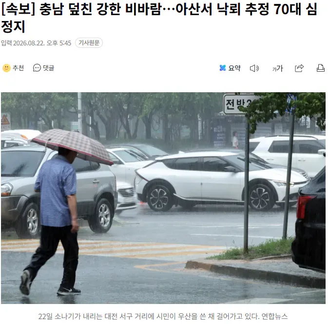 [속보] 충남 덮친 강한 비바람…아산서 낙뢰 추정 70대 심정지