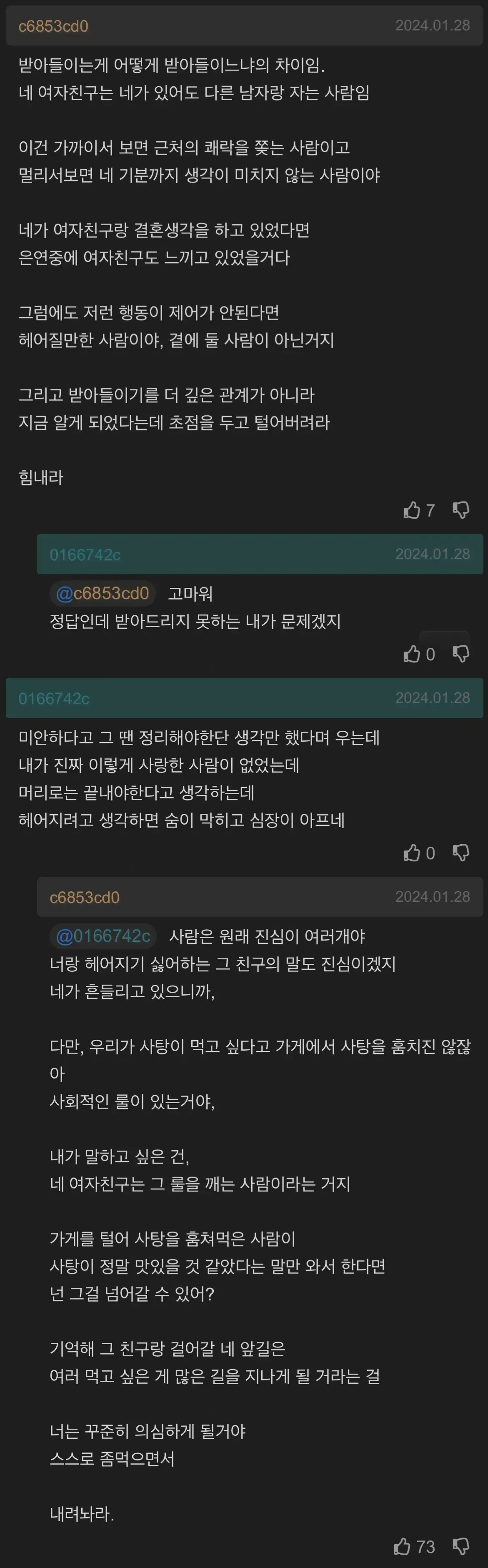 애인이 바람피웠다는 글에 달린 현자 댓글