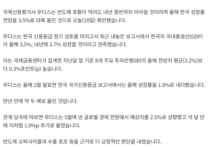 무디스, 한국 성장률 3.5%로 '깜짝' 상향