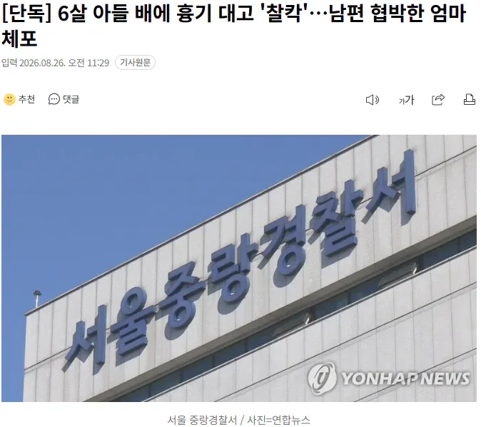 [단독] 6살 아들 배에 흉기 대고 '찰칵'…남편 협박한 엄마 체포