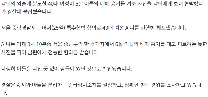 [단독] 6살 아들 배에 흉기 대고 '찰칵'…남편 협박한 엄마 체포