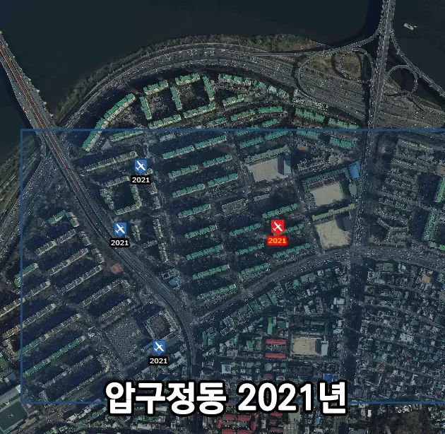 영등포 vs. 압구정동 항공사진 비교 (1970s vs. 2020s)