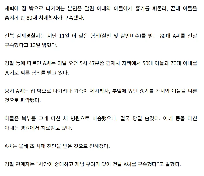 [속보] 새벽에 가족 향해 흉기 휘두른 80대 치매환자…아들 끝내 숨져