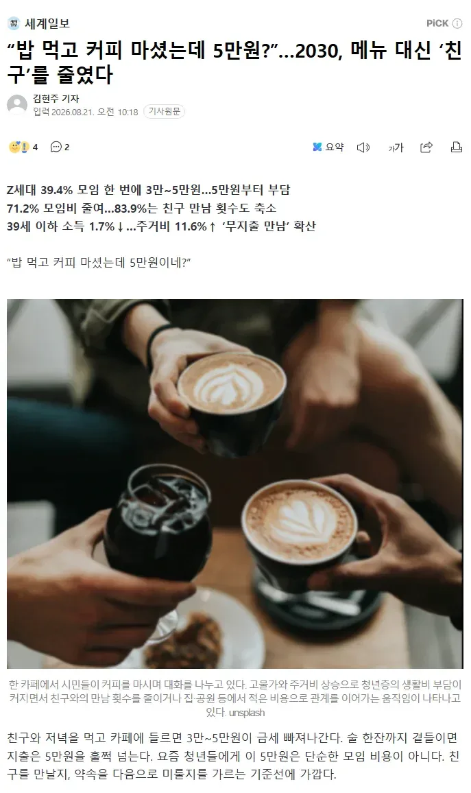 “밥 먹고 커피 마셨는데 5만원?”…2030, 메뉴 대신 ‘친구’를 줄였다