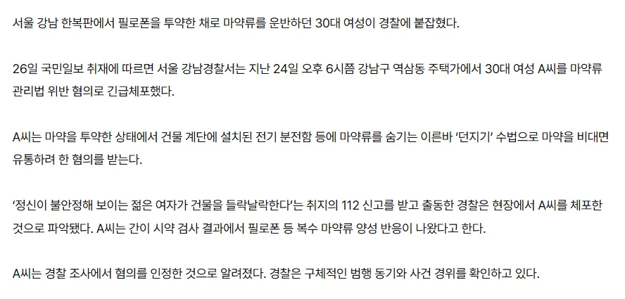 [단독] “정신 불안정한 여자가 돌아다녀”…필로폰 투약하고 ‘던지기’한 30대 체포