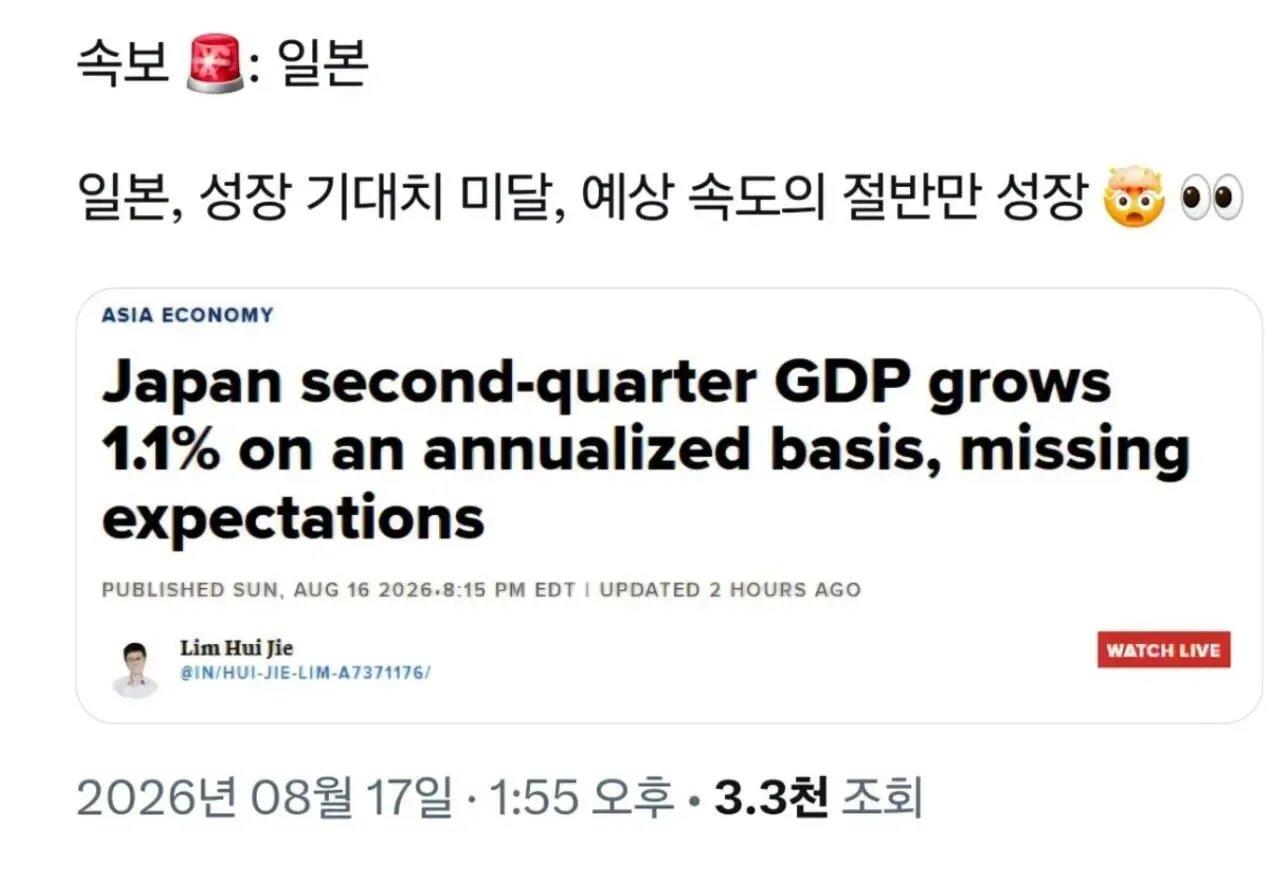 일본 2분기 GDP 성장률 개폭망 ㄷㄷㄷ