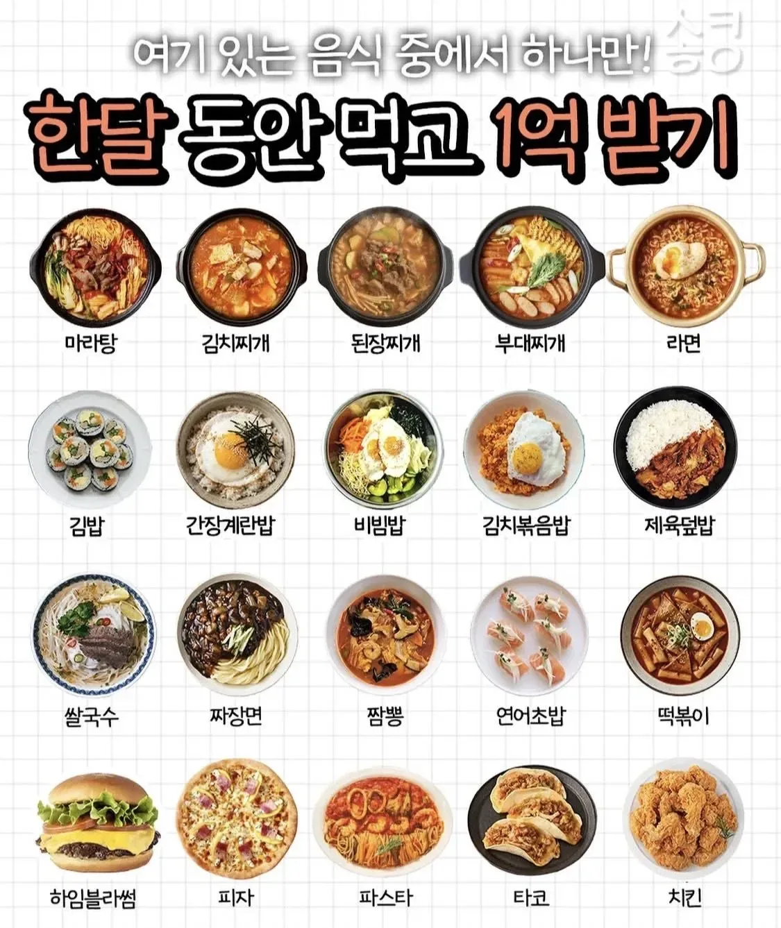 여기 있는 음식 중에서 하나만 한달 동안 먹고 1억 받기