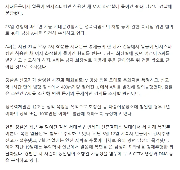 “서대문구에 변태크루라도 있나”…복면알몸 이어 망사스타킹남 등장