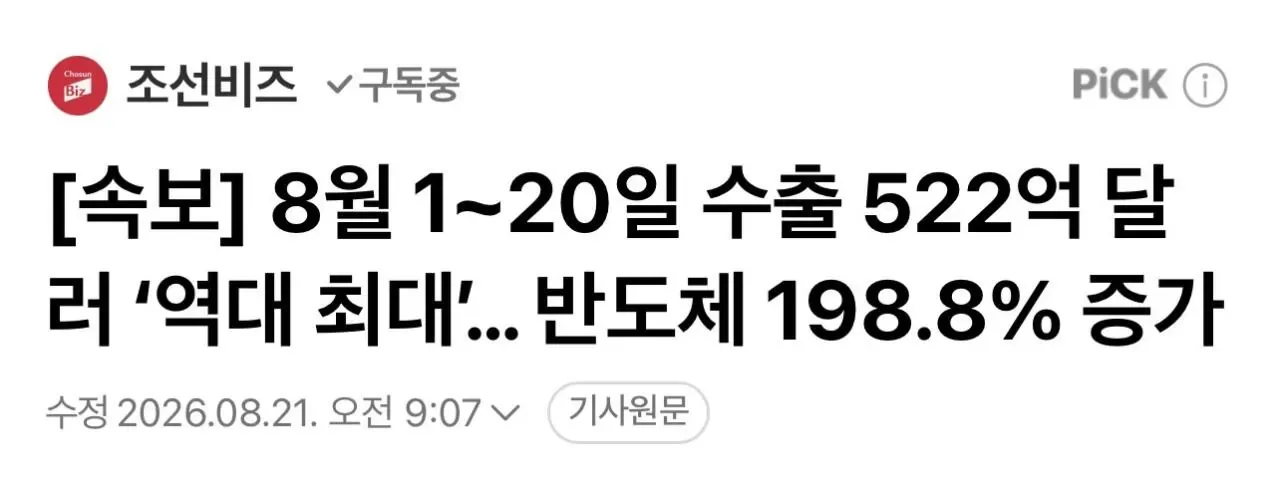 [속보] 8월 1~20일 수출 522억 달러 ‘역대 최대’… 반도체 198.8% 증가