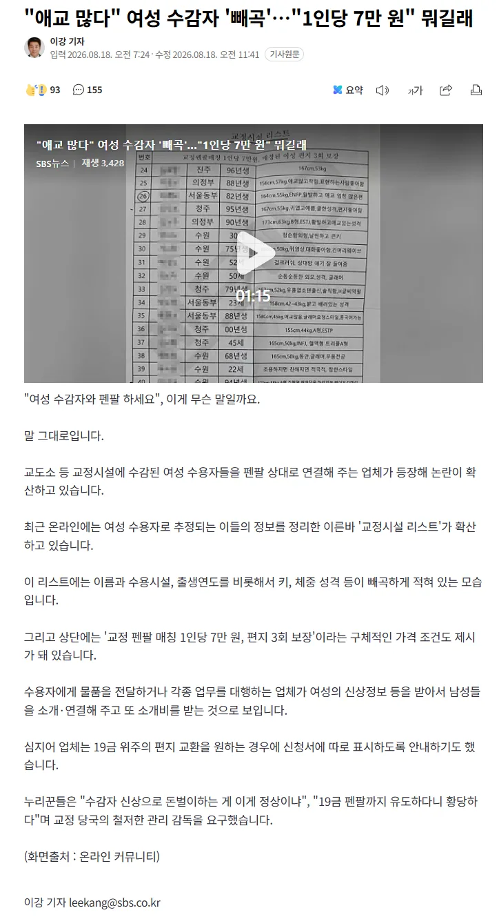 "애교 많다" 여성 수감자 '빼곡'…"1인당 7만 원" 뭐길래