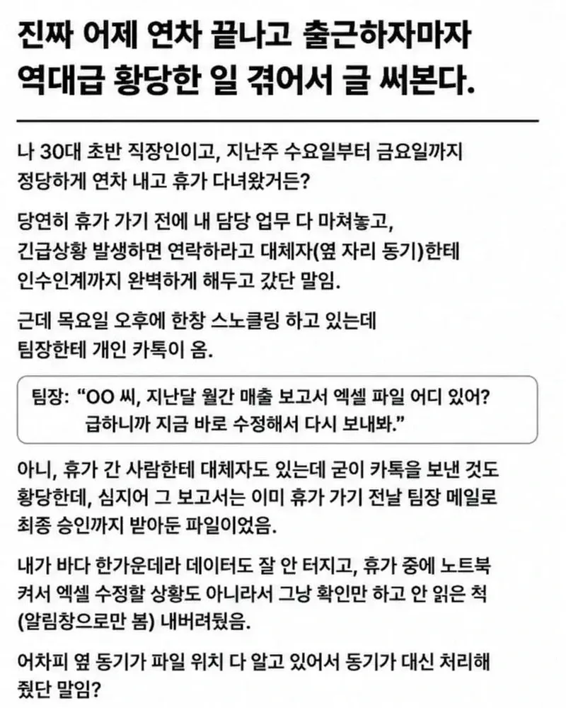 휴가중에 상사의 카톡을 받은 회사원