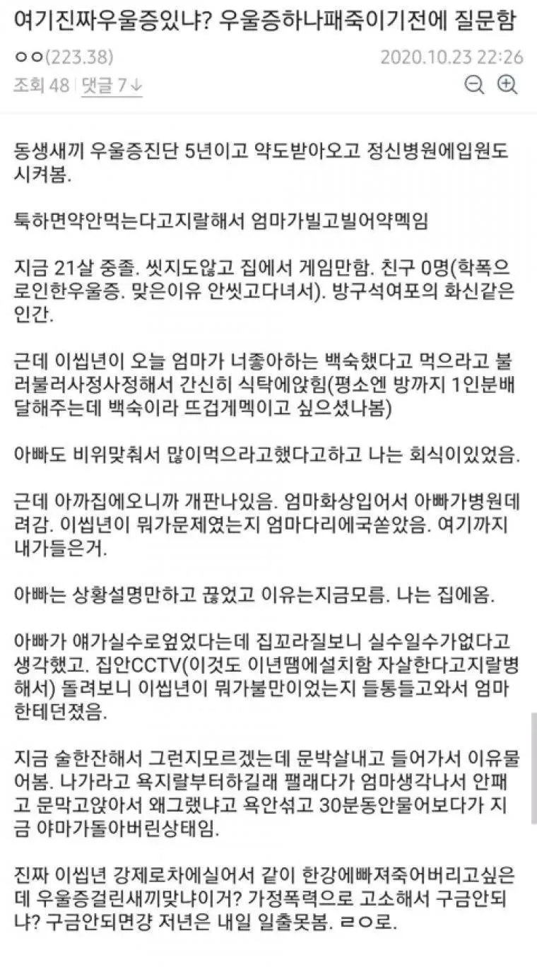 우울증 동생 패죽이기 직전인 사람