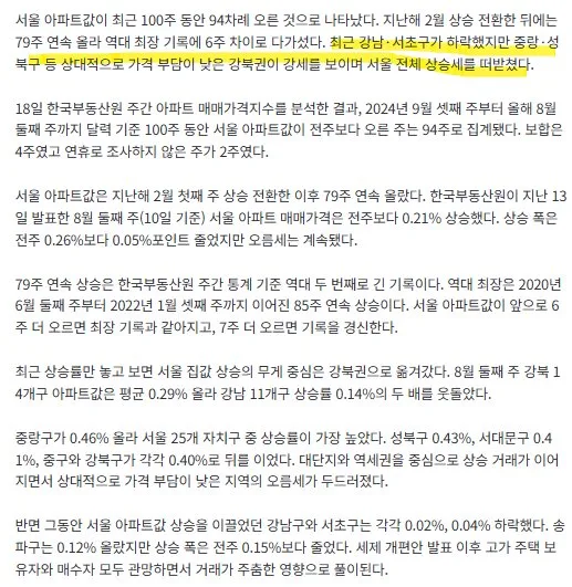 '100주 동안 한 번도 안 떨어졌다'… 서울 아파트값 94주 상승