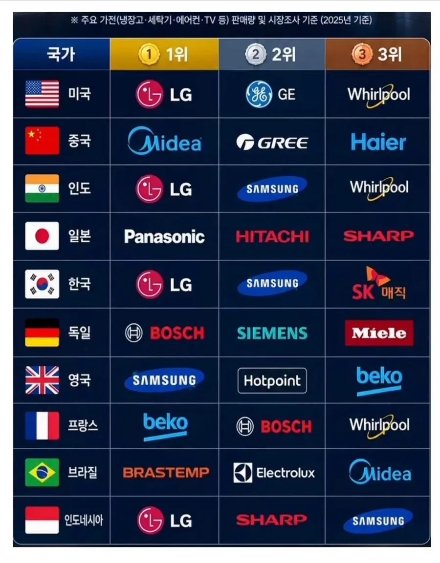 주요 10개국 선호 가전 브랜드 순위