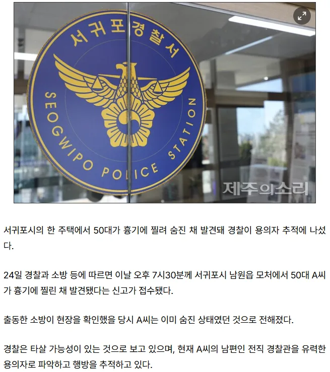 [속보] 서귀포서 50대 흉기 찔려 숨져…경찰, 용의자 추적