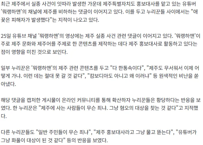 "제주 사는 게 죄?"…실종 사건에 애꿎은 홍보대사 유튜버까지 '불똥'