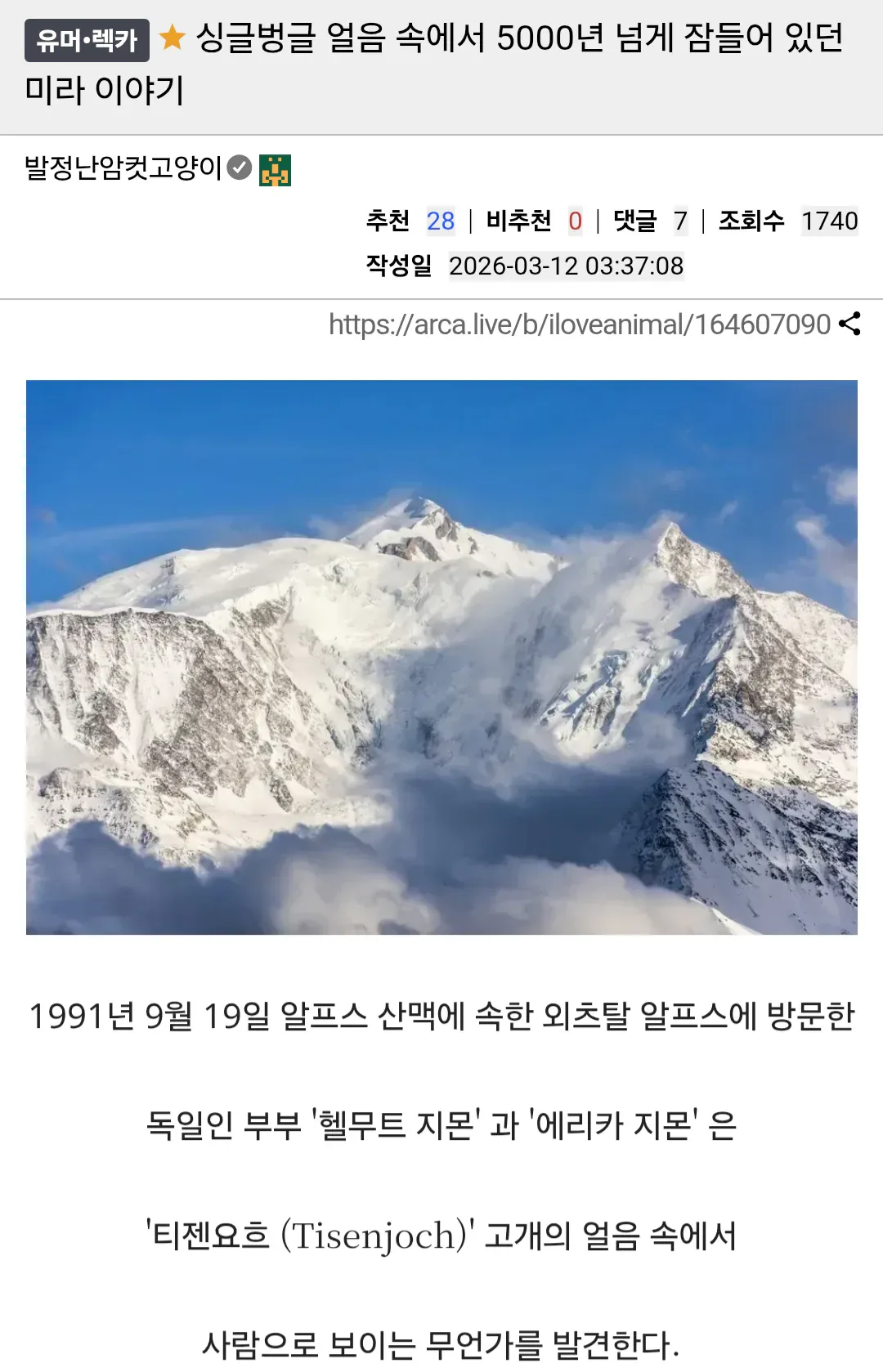 혐?)얼음 속에서 5000년 넘게 잠들어 있던 미라 이야기