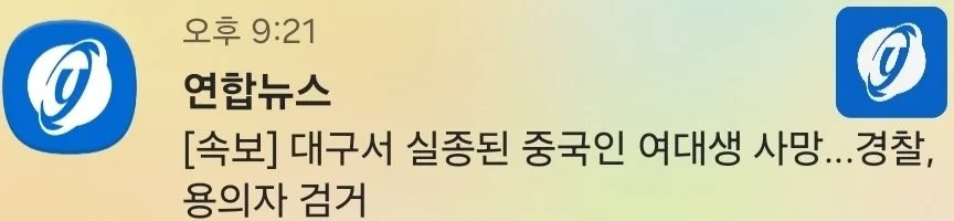 [속보] 대구서 실종된 중국인 여대생 사망…경찰, 용의자 검거