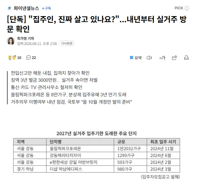 [단독] "집주인, 진짜 살고 있나요?"...내년부터 실거주 방문 확인