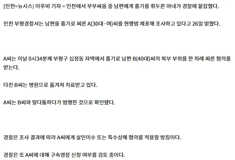 [단독]인천서 부부싸움 하다 남편 흉기로 찌른 아내 체포