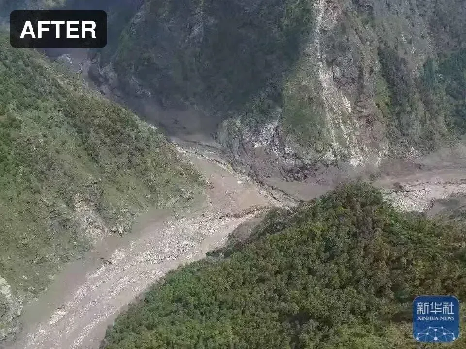 네팔 산사태 전후의 중국-네팔국경 검문소 위성 사진