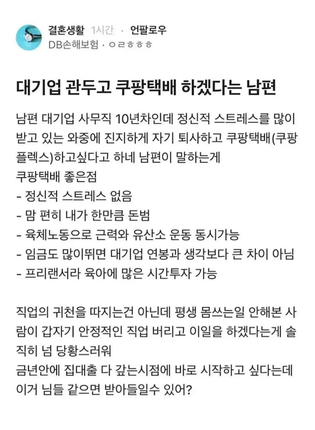 대기업 대신 쿠팡맨 한다는 남편