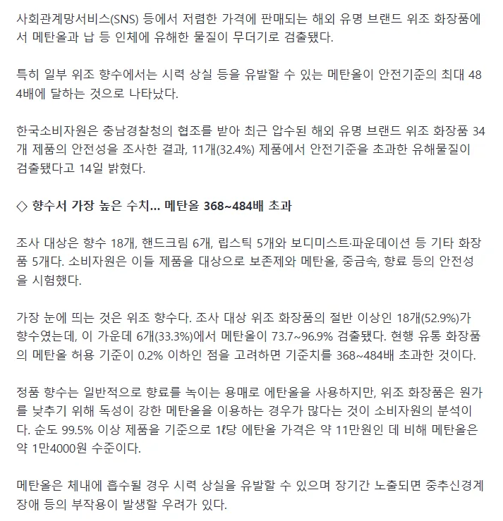 시력 잃을 수도.. 샤넬 등 위조 향수서 위험물질 484배