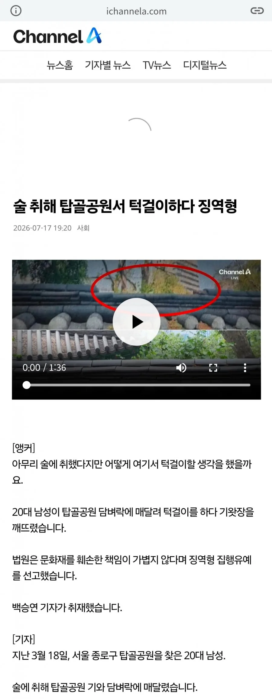 탑골공원에서 턱걸이하다 기와 뿌숴서 집유2년