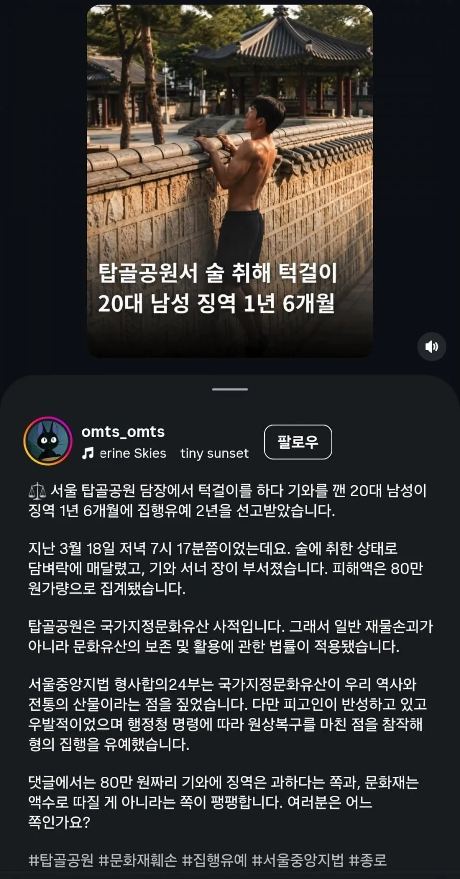 탑골공원에서 턱걸이하다 기와 뿌숴서 집유2년