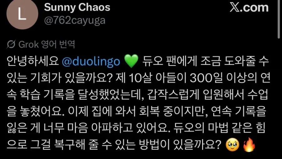 듀오링고 기록이 깨져서 속상했던 아들