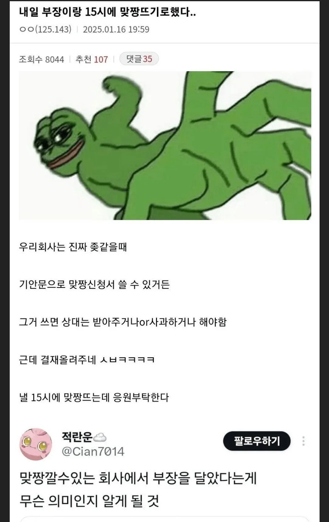 내일 부장이랑 15시에 맞짱뜨기로 했다