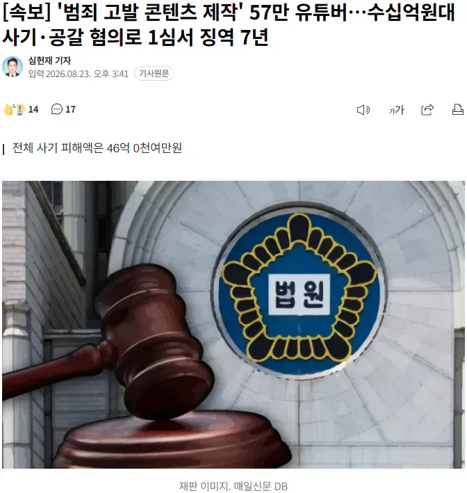 [속보] '범죄 고발 콘텐츠 제작' 57만 유튜버…수십억원대 사기·공갈 혐의로 1심서 징역 7년