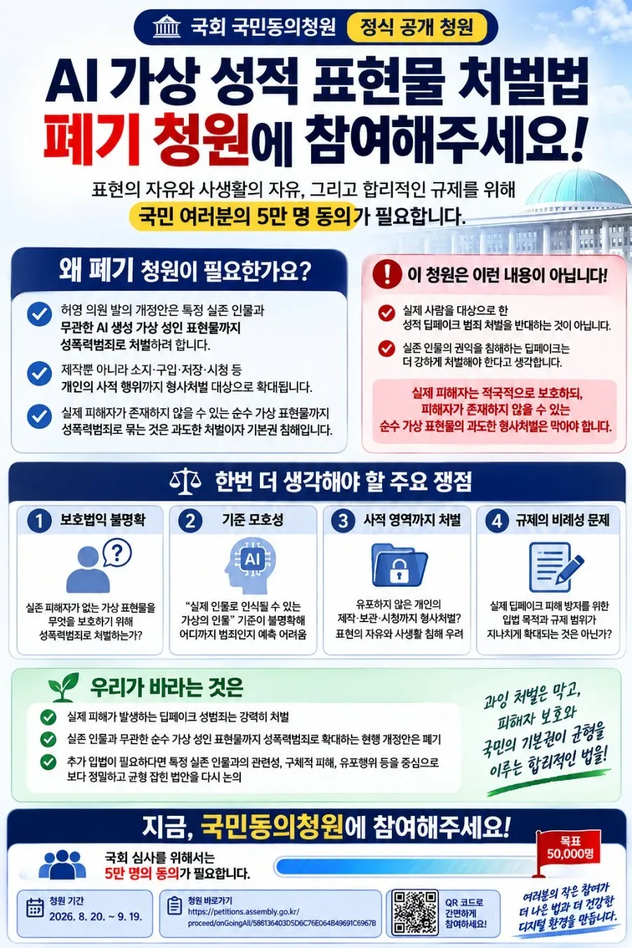AI 가상 성적 표현물 처벌법 폐기 청원이 정식 공개됐습니다