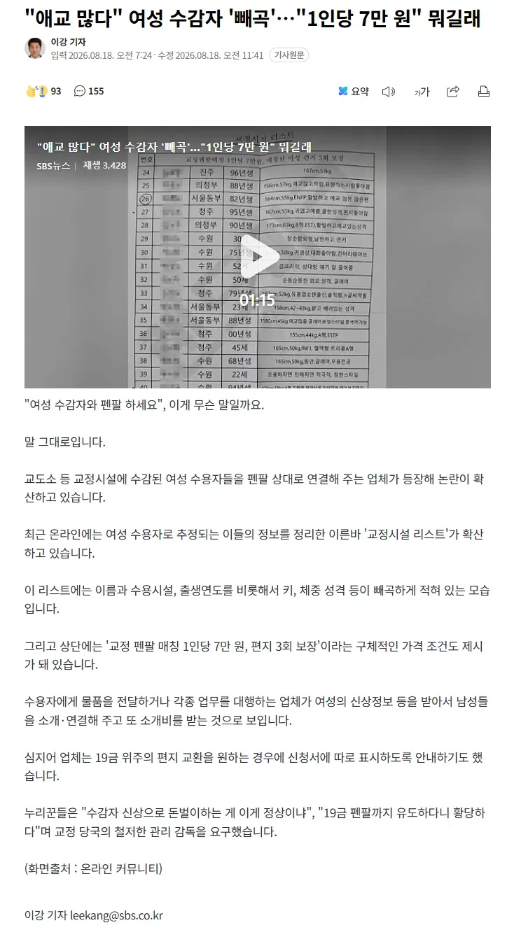 "애교 많다" 여성 수감자 '빼곡'…"1인당 7만 원" 뭐길래
