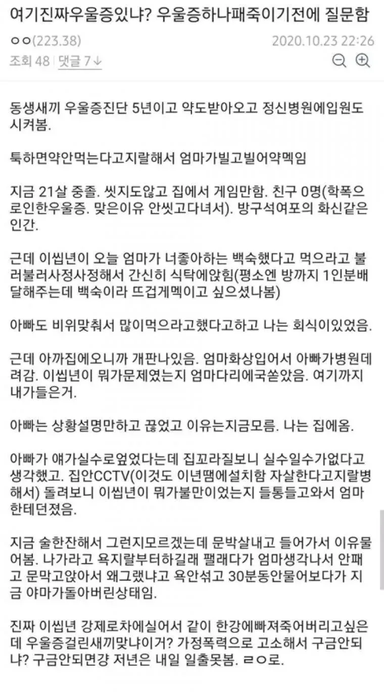 우울증 동생 패죽이기 직전인 사람