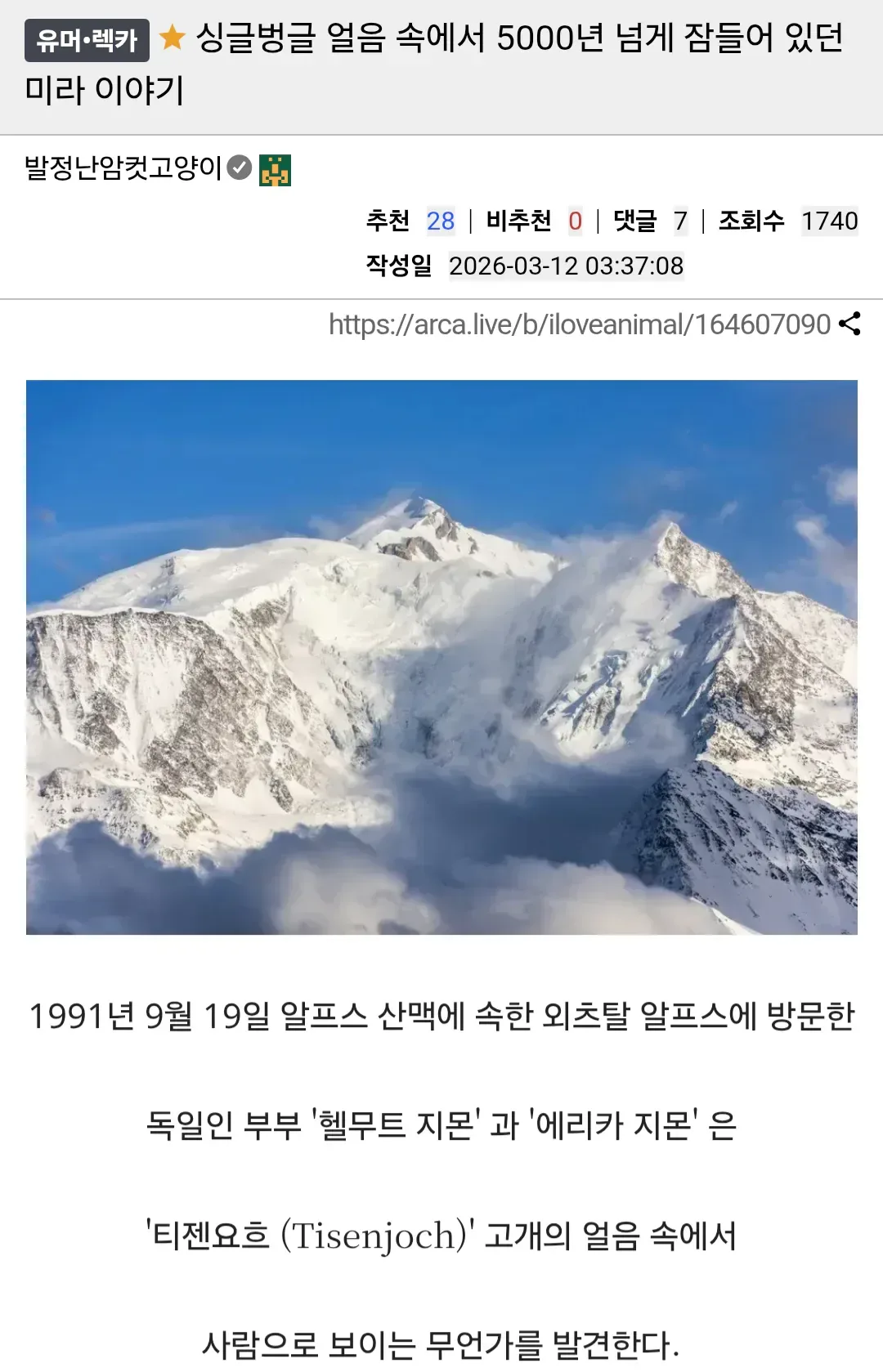 혐?)얼음 속에서 5000년 넘게 잠들어 있던 미라 이야기