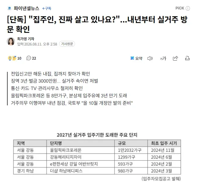 [단독] "집주인, 진짜 살고 있나요?"...내년부터 실거주 방문 확인