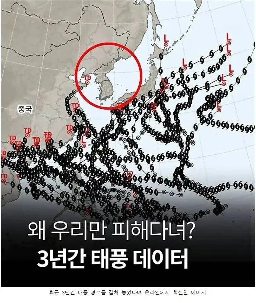 3년간 한반도만 쏙 빼고 다녀갔다는 태풍 지도