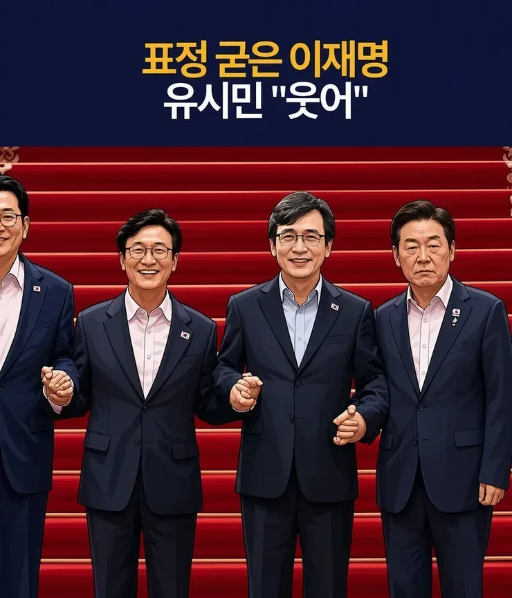표정굳은 이재명 유시민 '웃어'