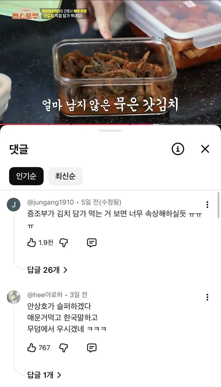 편스토랑 하영편 유튜브 댓글