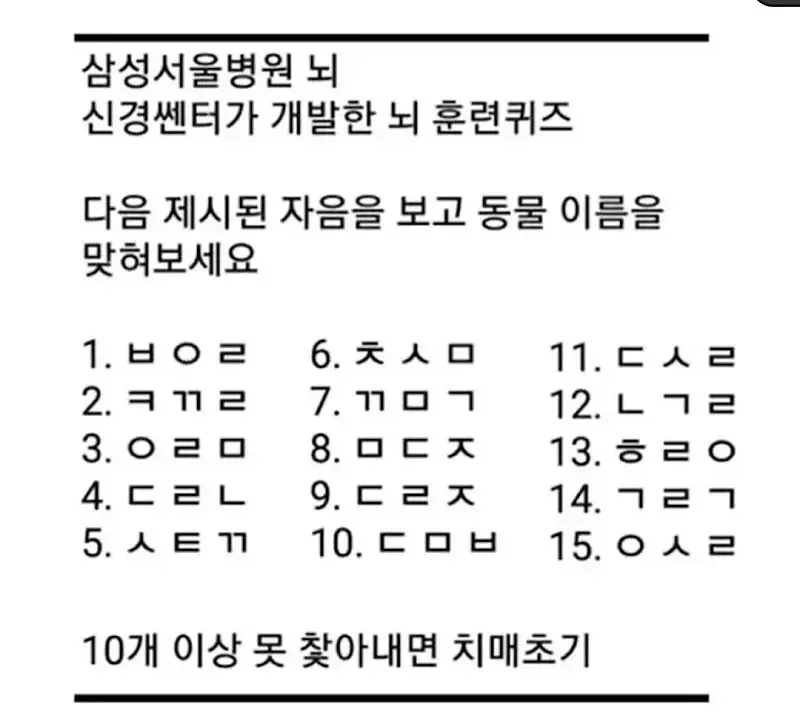 동물 이름 10개 이상 못맞히면 치매 초기